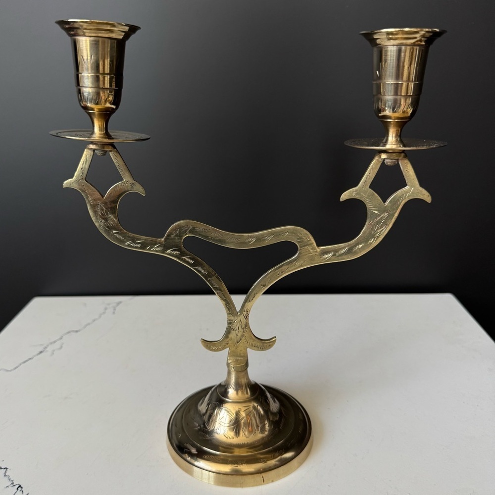 Vintage Engraved Brass Candelabra Candlestick Holder